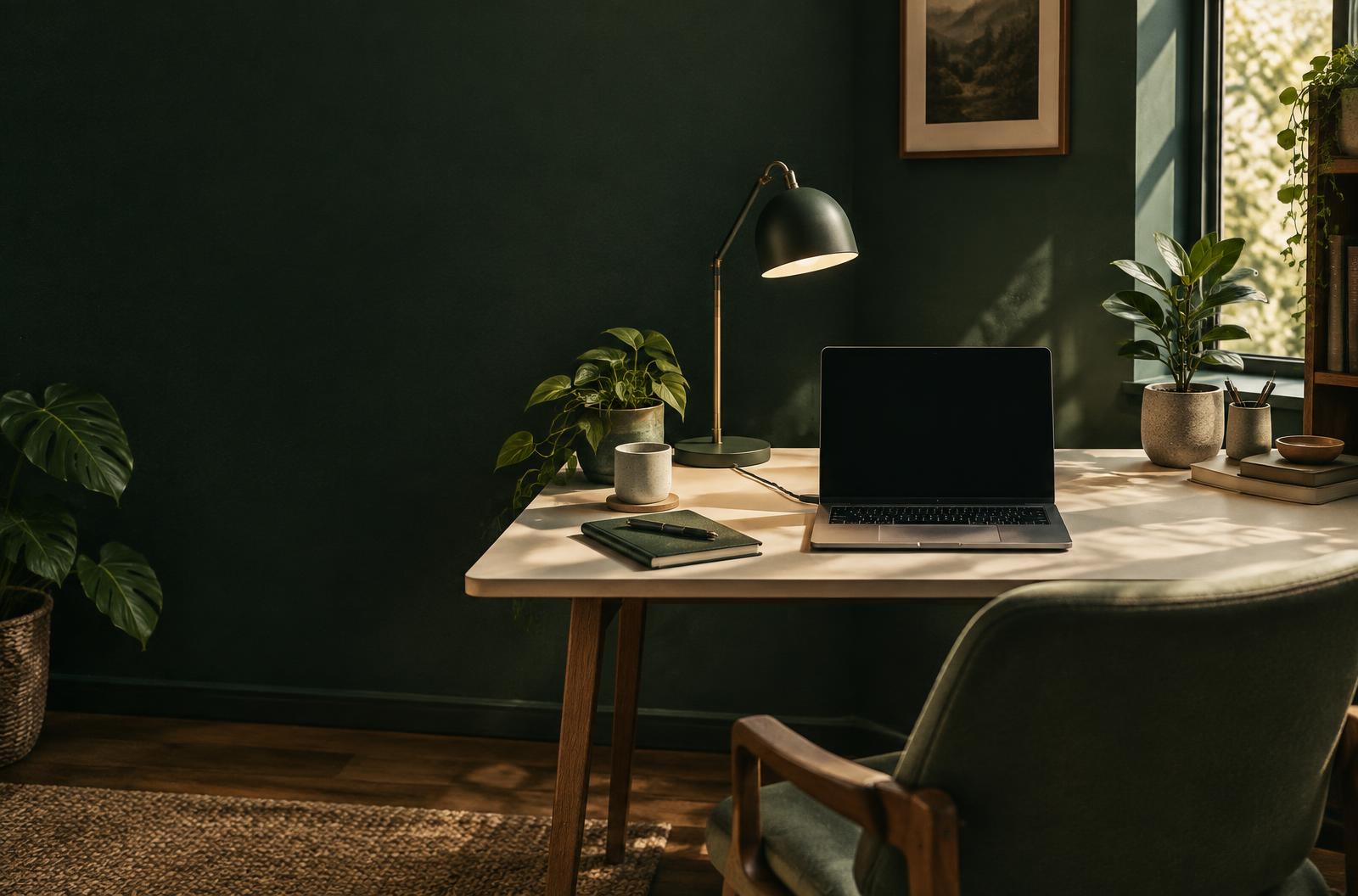 An illustrative home workspace with a computer and carefully arranged desk