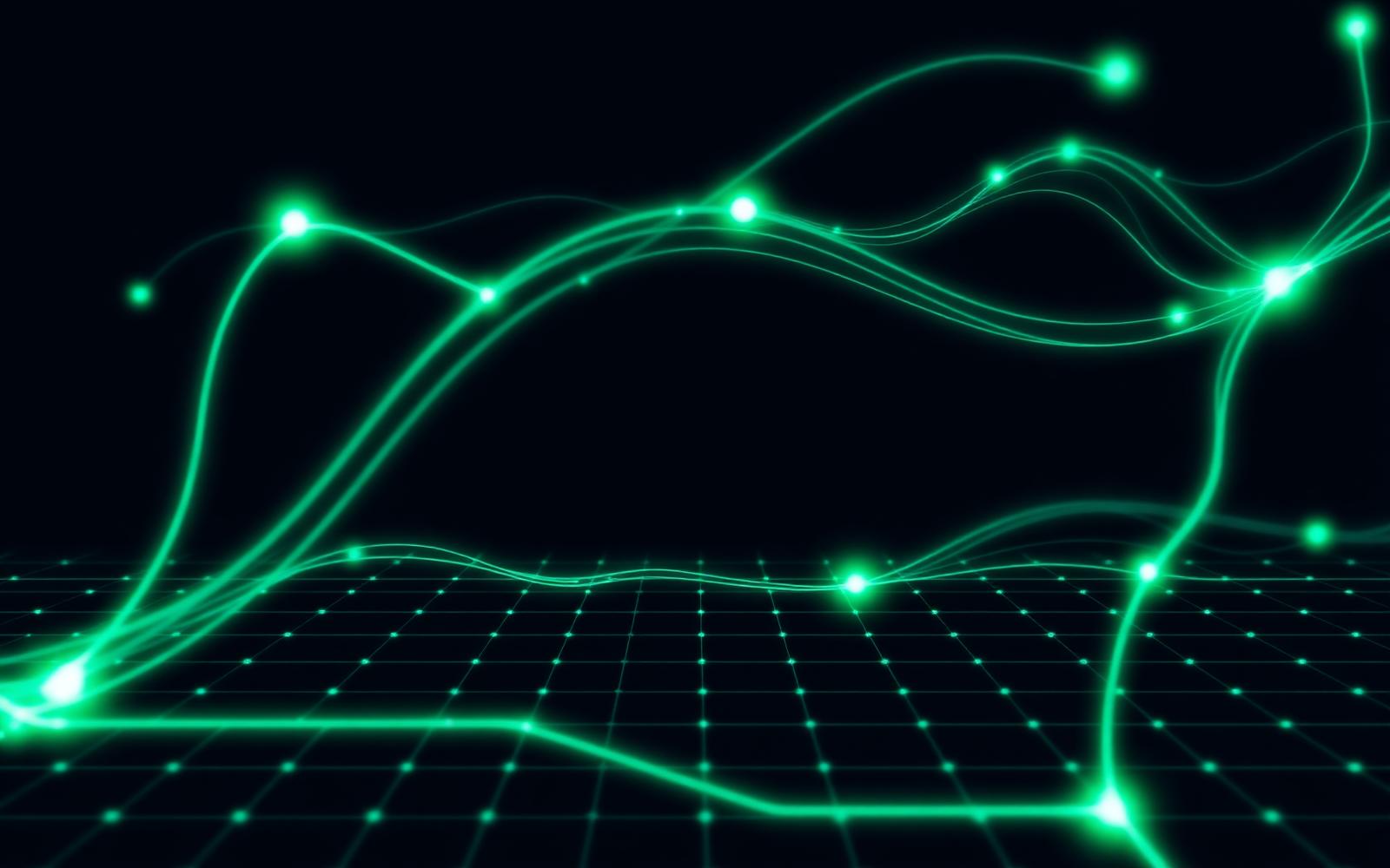 Glowing mint network of data nodes over a dark field — Calystron's digital infrastructure